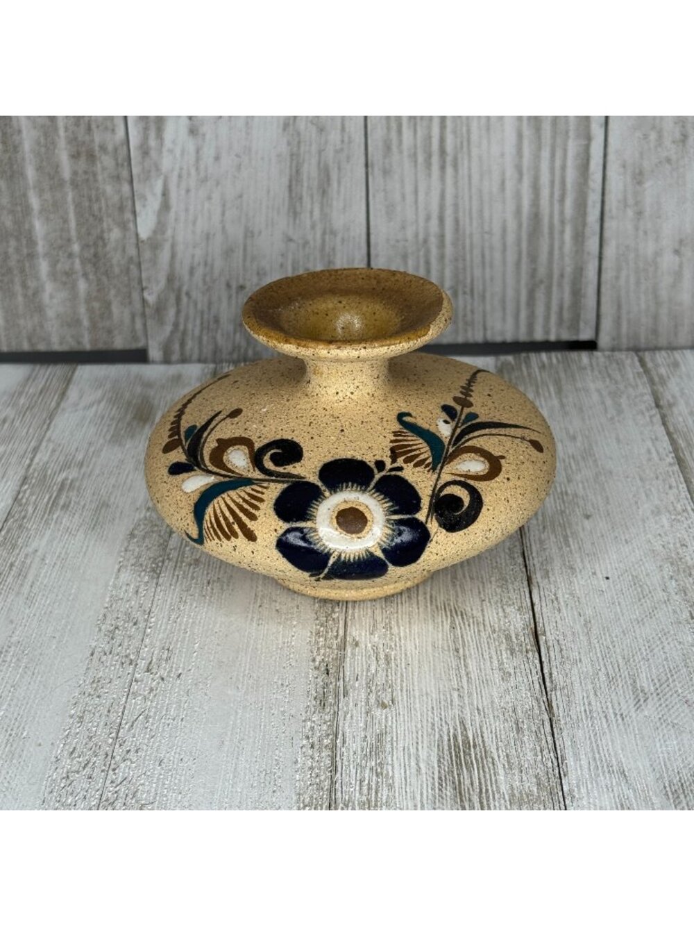 Vintage Tonala Jalisca Handpainted Mexican Folk Art Sandstone Pottery Bud Vase